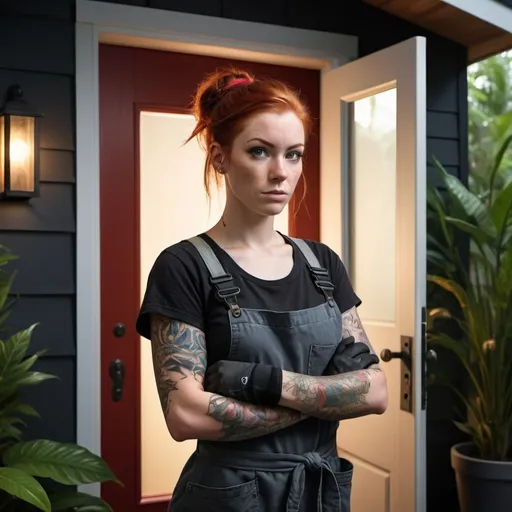 Prompt: A photorealistic wide-format image of a young, cool female carpenter with red hair tied back, featuring a rougher appearance and tattoos. She has a more common, unattractive face and a thicker, heavier build, weighing around 90 kg. She is wearing black work gloves and is standing in front of a modern house, enthusiastically installing a wooden front door with a door handle. She is holding the door with her hands. Surrounding her is an exotic garden with many tropical plants, giving the feel of a jungle. The lighting is dark and atmospheric, similar to a movie scene.