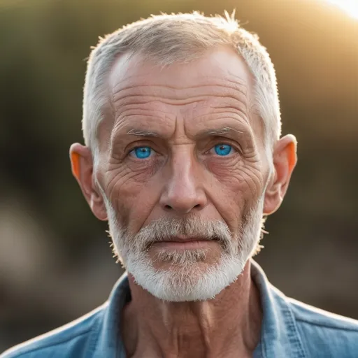 Prompt: Close up Extremely masculine, 64 year old, very skinny pale, italian fisherman thinning Short cropped hair, white beard, tender look in Blue eyes, lips look of passion Illuminated by Warm Evening sunlight