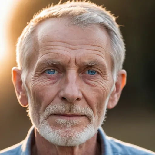 Prompt: Close up Extremely masculine, 64 year old, very skinny pale, german farmer thinning Short cropped hair, white beard, tender look in Blue eyes, lips look of passion Illuminated by Warm Evening sunlight