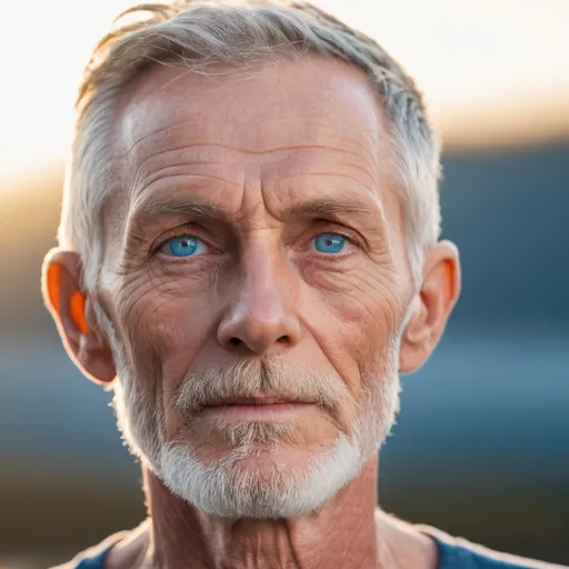 Prompt: Close up Extremely masculine, 64 year old, very skinny pale, german fisherman thinning Short cropped hair, white beard, tender look in Blue eyes, lips look of passion Illuminated by Warm Evening sunlight