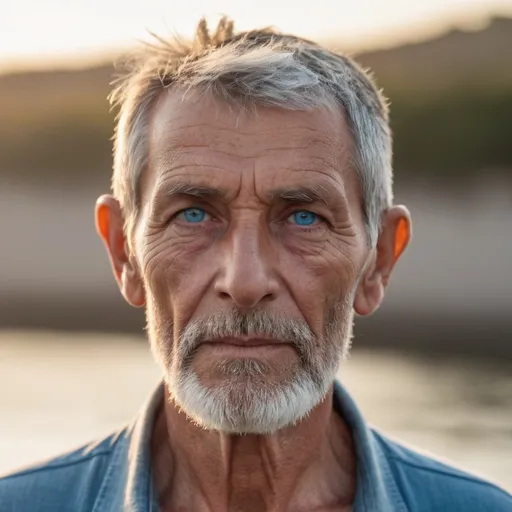 Prompt: Close up Extremely masculine, 64 year old, very skinny, Argentinian fisherman thinning Short cropped hair, white beard, tender look in Blue eyes, lips look of passion Illuminated by Warm Evening sunlight