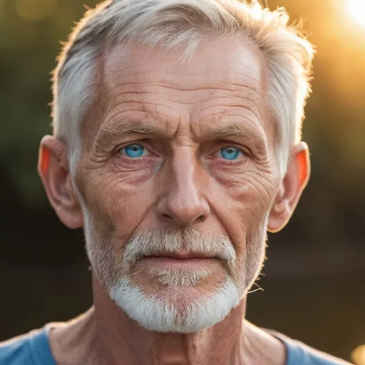 Prompt: Close up Extremely masculine, 64 year old, very skinny pale, german fisherman thinning Short cropped hair, white beard, tender look in Blue eyes, lips look of passion Illuminated by Warm Evening sunlight