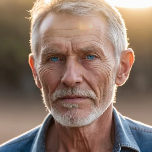 Prompt: Close up Extremely masculine, 64 year old, very skinny, Australian cowboy thinning Short cropped hair, white beard, tender look in Blue eyes, lips look of passion Illuminated by Warm Evening sunlight