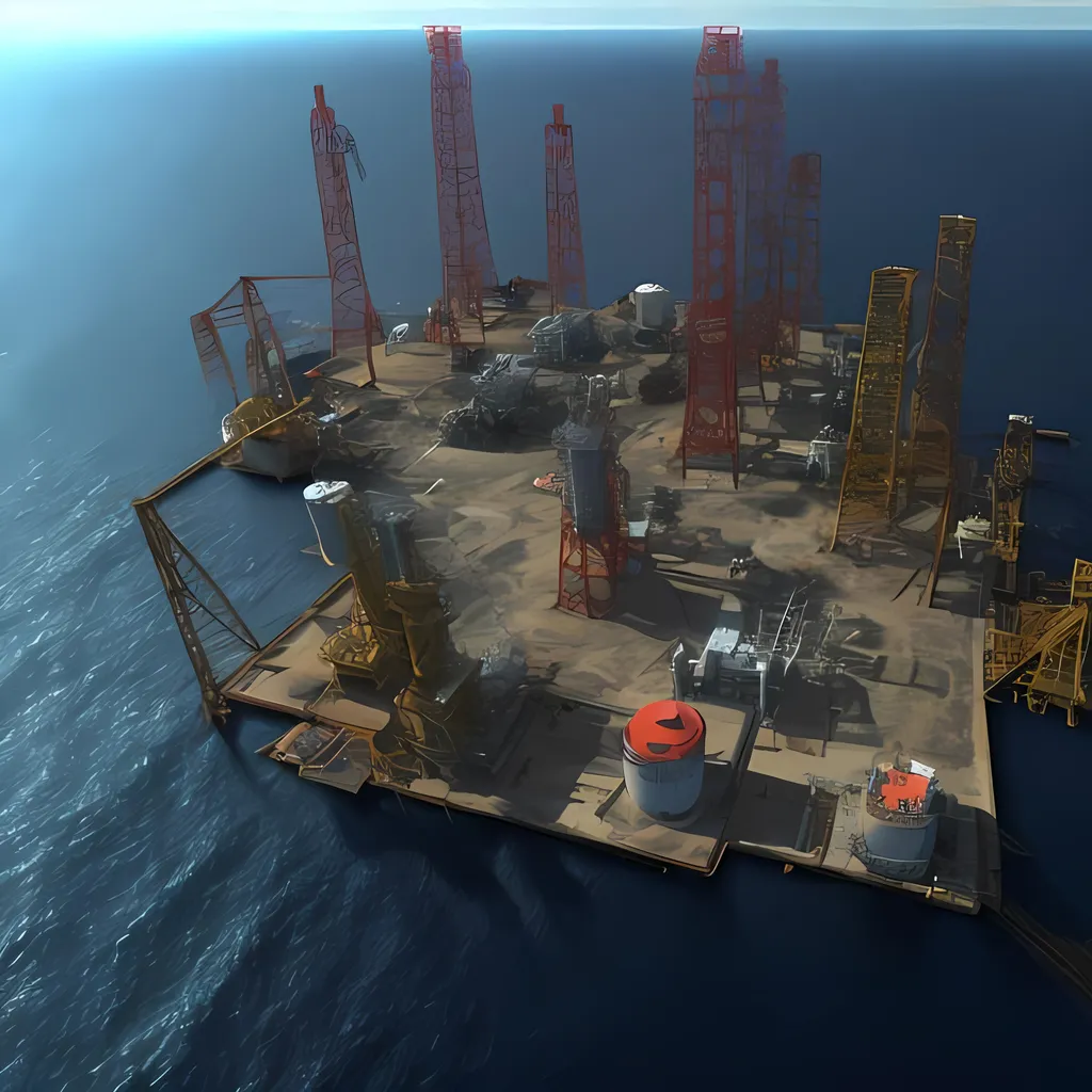 Prompt: image to reflect the value of using spatial data where it can be used to identify areas prone to natural disasters or other risks in oil and gas operation. Decision-makers can use this information to develop proactive strategies for mitigating risks and protecting critical infrastructure. produce image as if it's been taken from an offshore rig digital Twin scene