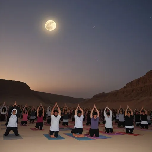 Prompt: Yoga event under the full moon in Wadi Degla, Ramadan in Egypt, serene desert landscape, moonlit sky, tranquil atmosphere, silhouettes of practicing yogis, peaceful ambiance, spiritual connection, moonlit meditation, high quality, serene, moonlit, tranquil, desert landscape, yoga, Ramadan, Wadi Degla, peaceful, moonlit sky, spiritual, meditation, serene atmosphere