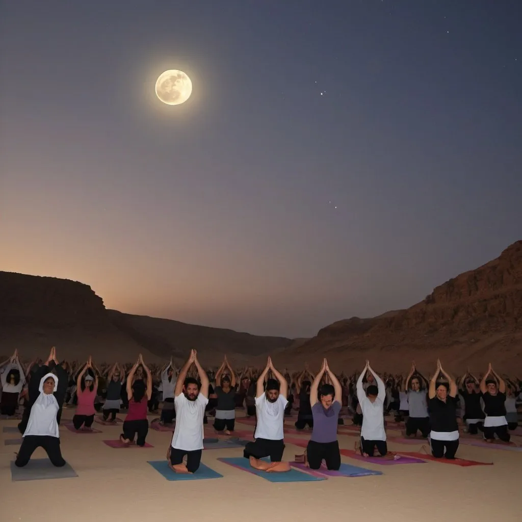 Prompt: Yoga event under the full moon in Wadi Degla, Ramadan in Egypt, serene desert landscape, moonlit sky, tranquil atmosphere, silhouettes of practicing yogis, peaceful ambiance, spiritual connection, moonlit meditation, high quality, serene, moonlit, tranquil, desert landscape, yoga, Ramadan, Wadi Degla, peaceful, moonlit sky, spiritual, meditation, serene atmosphere