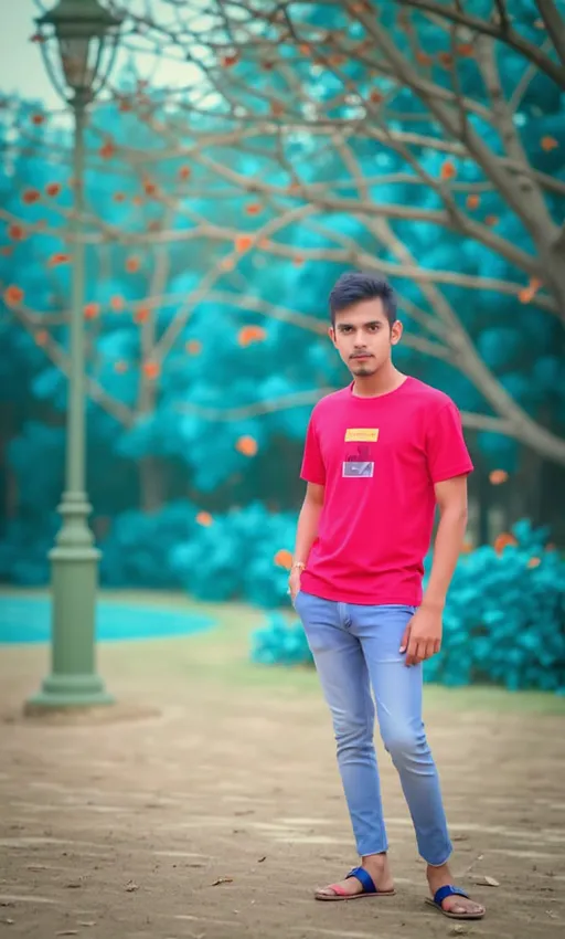 Prompt: The image is a photograph of a young man standing outdoors in a park-like setting. He is positioned slightly off-center to the right. The young man has short, dark blue hair and a light complexion. He is wearing a bright red t-shirt with a rectangular design on the chest, featuring a yellow and red stripe at the top and a smaller rectangular section below it. His pants are light blue and slim-fit, and he is wearing blue flip-flops with red straps. His left hand is in his pocket, and his right arm hangs naturally by his side.

The background features a blurred mix of blue and green hues, suggesting a combination of trees and foliage. The trees have sparse leaves, and some orange-brown leaves are visible, indicating a possible autumn setting. A tall, greenish lamp post is visible to the left of the young man, partially obscured by the trees. The ground beneath him is a mix of grass and dirt, with a subtle blue tint that matches the overall color scheme of the background. The photograph has a soft focus effect, creating a dreamy, almost surreal atmosphere. The lighting is natural, likely from an overcast sky, contributing to the overall cool color palette.