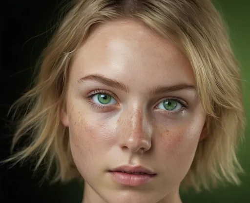 Prompt: A striking young woman with short, tousled blonde hair gazes directly at the viewer, her vivid green eyes capturing immediate attention. Her complexion is fair, embellished with delicate freckles across her cheeks and nose, and a subtle sheen indicates a healthy glow. Set against a dramatic contrast of black and muted green backgrounds, the lighting enhances the contours of her face, creating an ethereal quality that highlights her features. The overall composition emphasizes her piercing gaze and serene expression, evoking a sense of intimacy and allure, as if inviting the observer to come closer and engage. The image combines realism with a touch of artistry, drawing viewers into a captivating moment frozen in time.