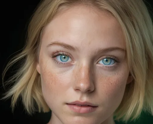 Prompt: A striking young woman with short, tousled blonde hair gazes directly at the viewer, her vivid blue eyes capturing immediate attention. Her complexion is fair, embellished with delicate freckles across her cheeks and nose, and a subtle sheen indicates a healthy glow. Set against a dramatic contrast of black and muted green backgrounds, the lighting enhances the contours of her face, creating an ethereal quality that highlights her features. The overall composition emphasizes her piercing gaze and serene expression, evoking a sense of intimacy and allure, as if inviting the observer to come closer and engage. The image combines realism with a touch of artistry, drawing viewers into a captivating moment frozen in time.