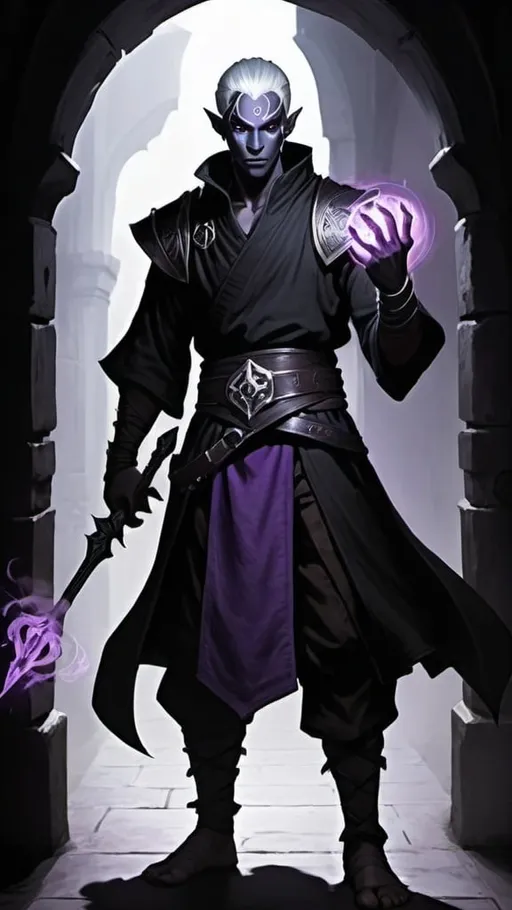 Prompt: give me an image of a character with the following information The world is set in dungeon and dragons. He is a Drow that grew up in the underdark. He wears black monk tunic.
mysterious mist is dancing around him and he seems to merge with the shadows.
In the background is a citadel
Race: Drow 

Class: Sadow Monk

Eyes: His eyes are a piercing violet, glowing faintly in the darkness. 

Hair: stark white


Gear: shortsword at his side, several darts are strapped to his belt. A small pack is slung over his shoullder

