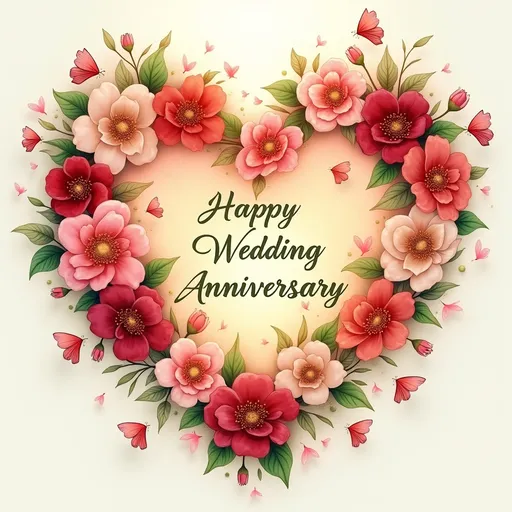 Prompt: Create a heart shaped image showing text inside as “Happy Wedding Anniversary Jamuna bey and Bhava”