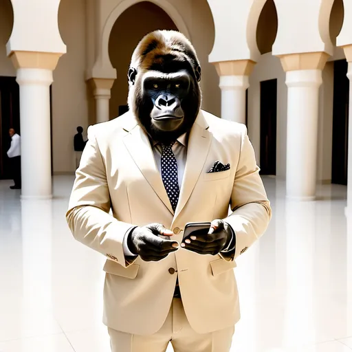 Prompt: Gorilla Economist in a cream colored suit in Abu Dhabi holding iPhone.