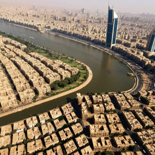 Prompt: Zamalek neighborhood and the Nile River island as viewed from the Cairo Tower