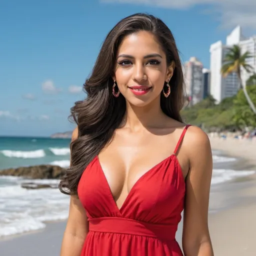 Prompt: Miss Caracas 2024 a beautiful Venezuelan woman standing in a red sundress on the beach.