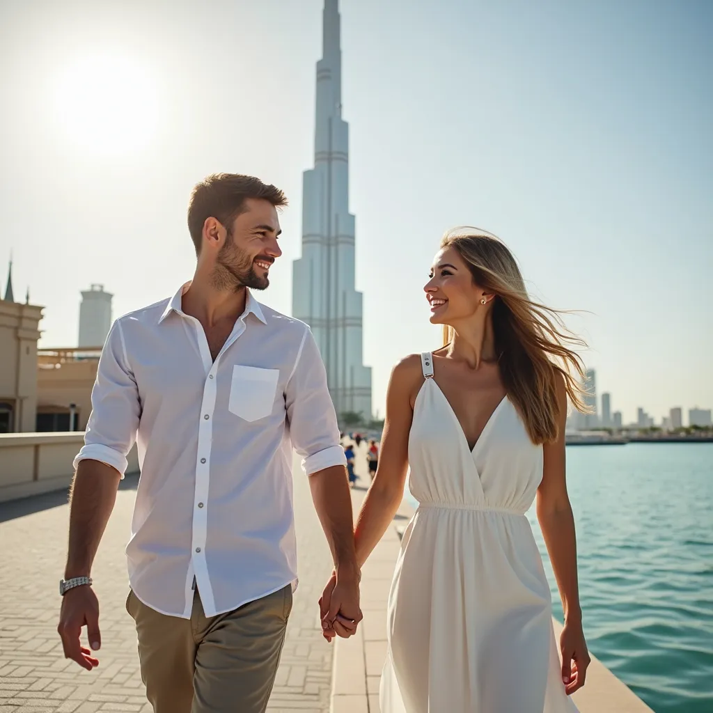 Prompt: A young attractive Russian husband and wife walking hand in hand in Dubai, UAE with the Burj behind them.