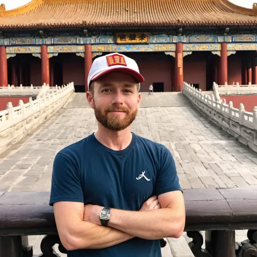 Prompt: James American expat in ballcap posing in Forbidden City Beijing China