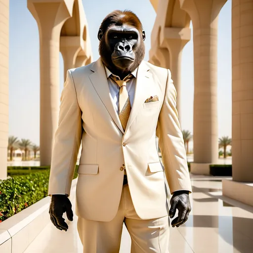 Prompt: Gorilla Economist in a cream colored suit in Abu Dhabi.