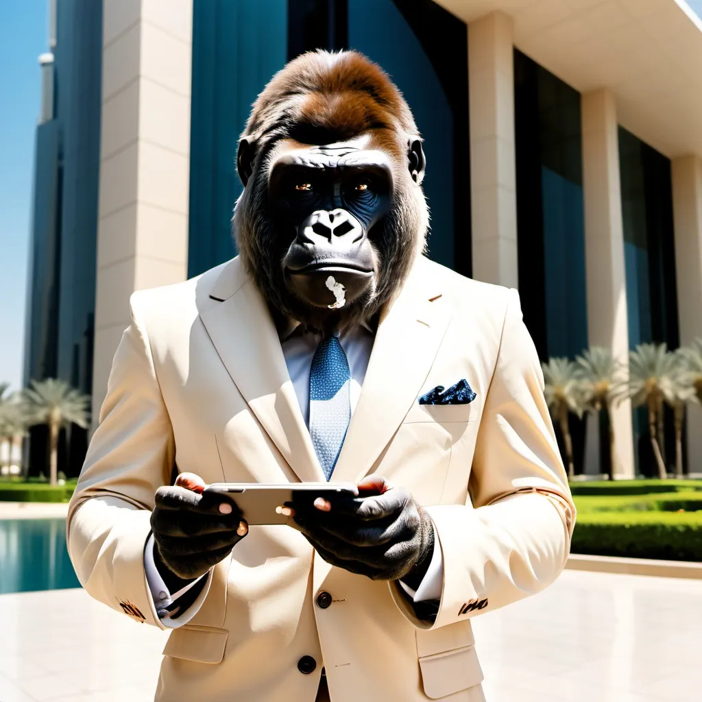 Prompt: Gorilla Economist in a cream colored suit in Abu Dhabi holding iPhone.