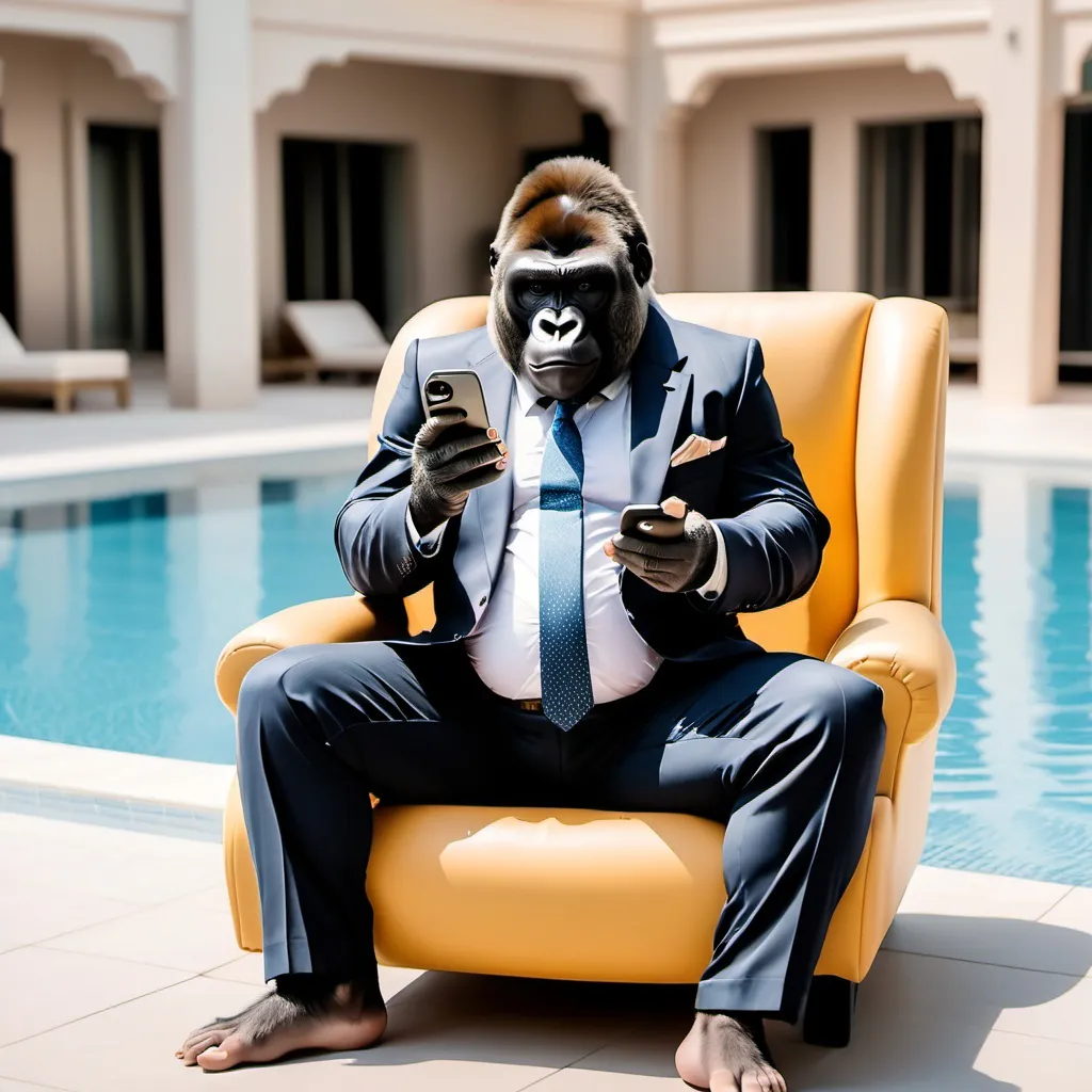 Prompt: A gorilla in a suit checking his TikTok on an iPhone while sitting in a Barcalounger pool side in the UAE.