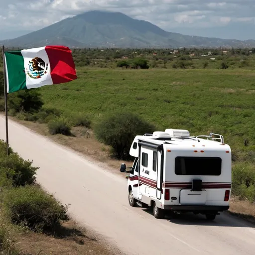 Prompt: An RV motorhome driving through the countryside of Mexico with a Mexican flag in the background.