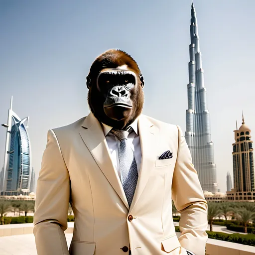 Prompt: Gorilla Economist in a cream colored suit in front of the Burj in Dubai