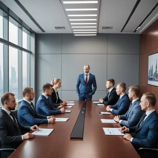 Prompt: Russians meeting in a conference room in Moscow City complex. Modern office building professional wear.