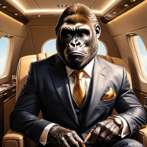 Prompt: Gorilla man in tailored suit, smoking cigar, boarding private jet in Dubai, oil painting, luxurious setting, detailed fur and facial features, realistic style, warm tones, golden lighting, high quality, oil painting, luxurious, detailed fur and facial features, realistic style, warm tones, golden lighting