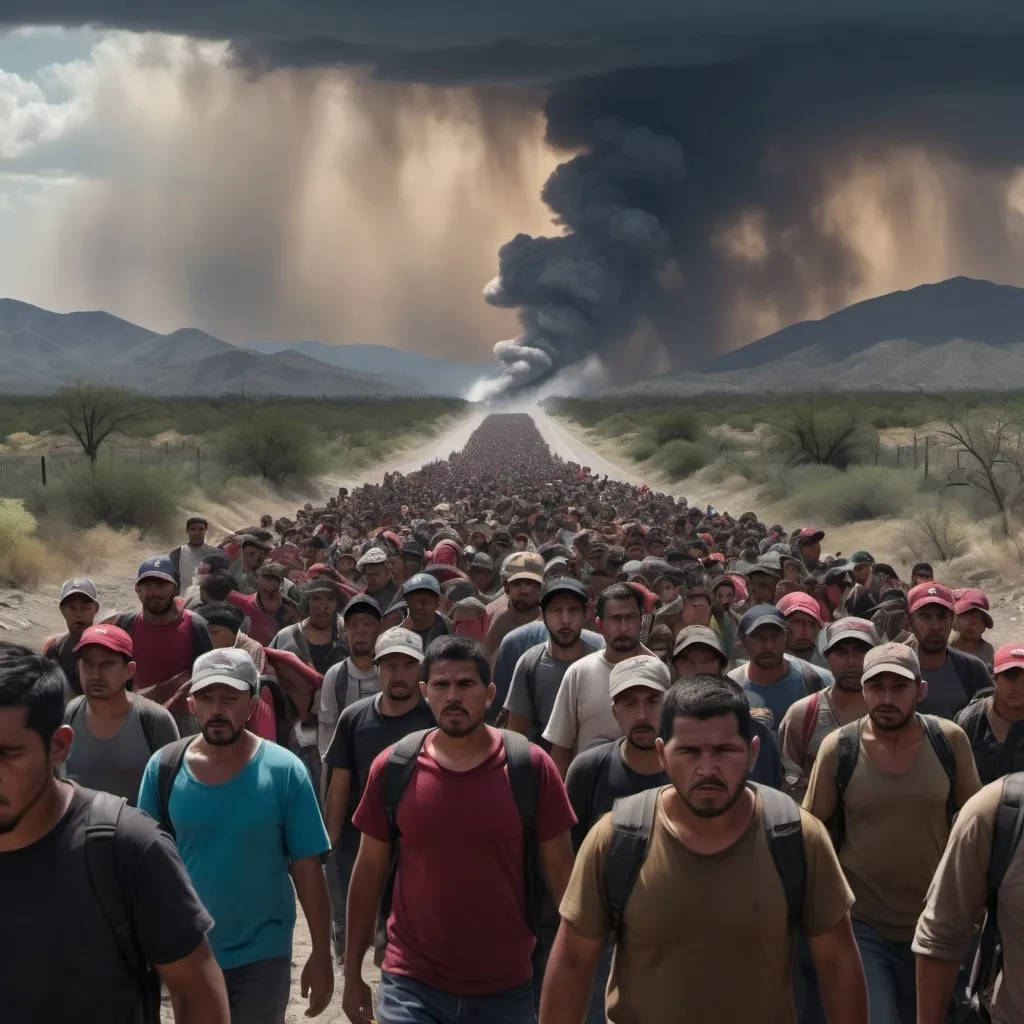 Prompt: Weaponized Illegal Migration Venezuelan migrants crossing the US Mexico Border by the hundreds