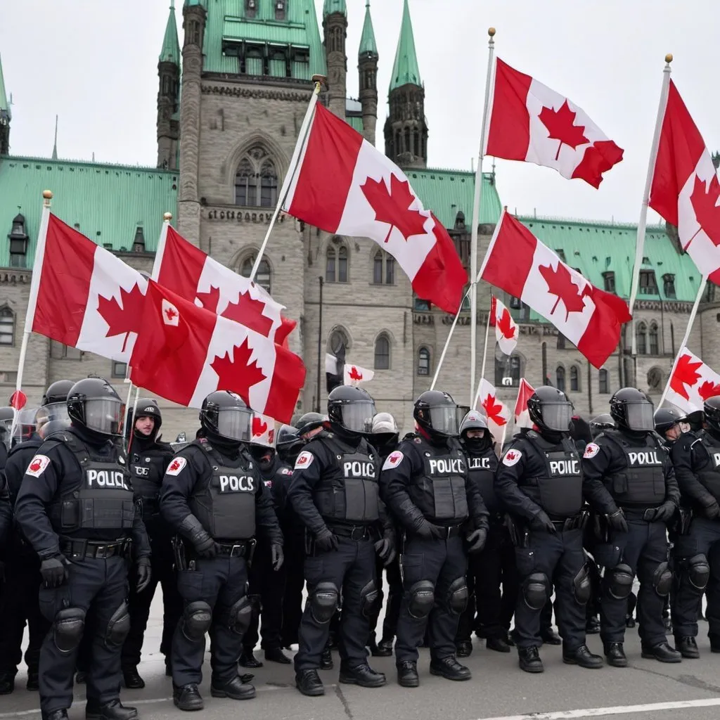 Prompt: Canadian Truckers Convoy protesters flying Canadian flags confronted by a line of helmet wearing police in riot gear on Parliament Hill, during February 2022 in Ottawa