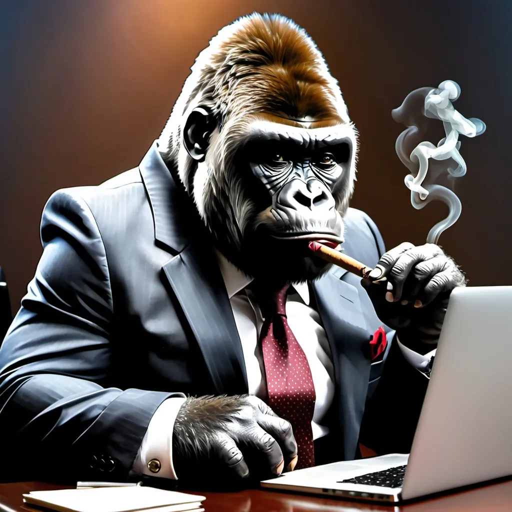 Prompt: A Gorilla in a business suit chewing on a cigar while typing on a laptop