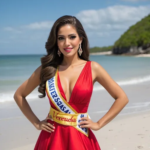 Prompt: Miss Venezuela 2024 a beautiful Venezuelan woman standing in a red sundress on the beach wearing the Miss Venezuela beauty pageant winner sash around her dress.