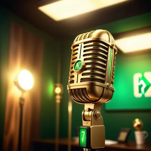 Prompt: Golden broadcaster microphone, vibrant green EXIT sign in blurred background, professional 3D rendering, high quality, warm lighting, golden tones, detailed textures, shallow depth of field, vintage, luxurious, atmospheric lighting