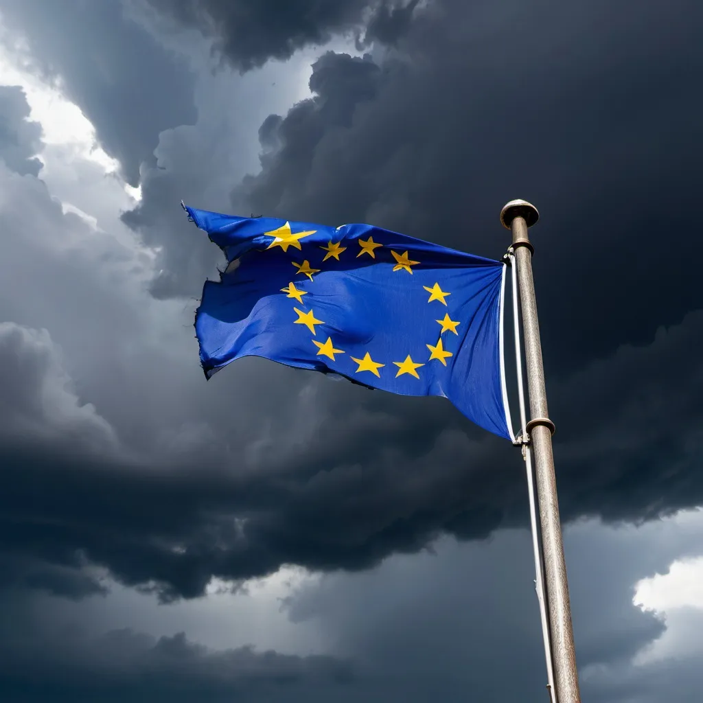 Prompt: A tattered EU flag waves from a flagpole with storm clouds on the horizon background