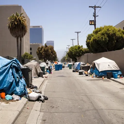 Prompt: Homeless tent camps and trash on the streets of Los Angeles, California.
