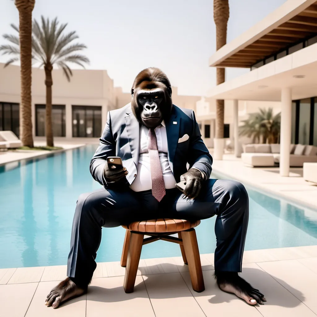 Prompt: A gorilla in a suit checking his TikTok on an iPhone while sitting in a Barcalounger pool side in the UAE.