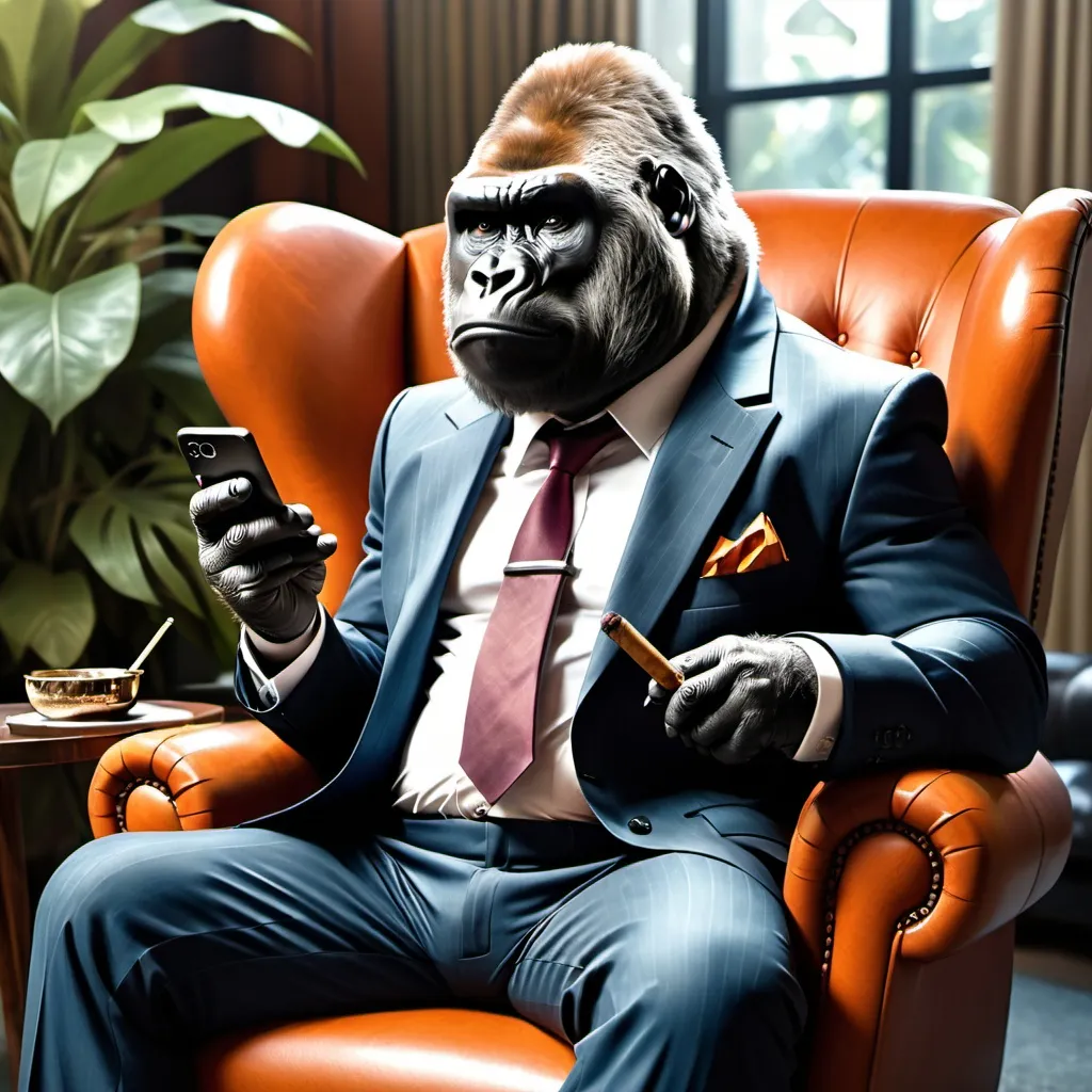 Prompt: A gorilla in a suit checking his Telegram messages on an iPhone while sitting in a lounge chair with a cigar.