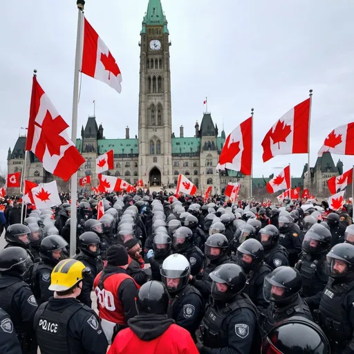 Prompt: Canadian Truckers Convoy protesters flying Canadian flags confronted by a line of helmet wearing police in riot gear on Parliament Hill, during February 2022