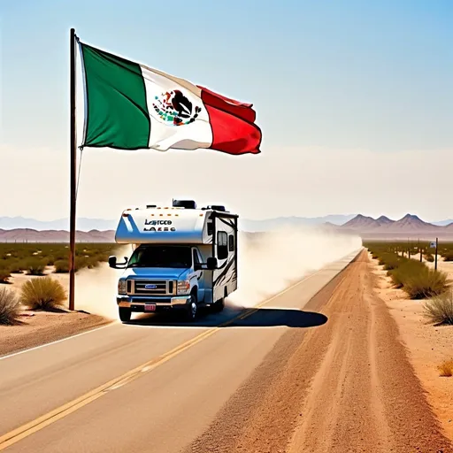 Prompt: late model RV driving to the Mexican border at Laredo, Texas-Nuevo Laredo crossing, huge Mexican flag waving in the distance, dusty desert landscape, warm tones, realistic, detailed vehicle, sunlit scenery, border crossing, vast desert, American-Mexican border, high quality, warm lighting, realistic desert terrain, iconic flag, iconic desert road trip, sunny day