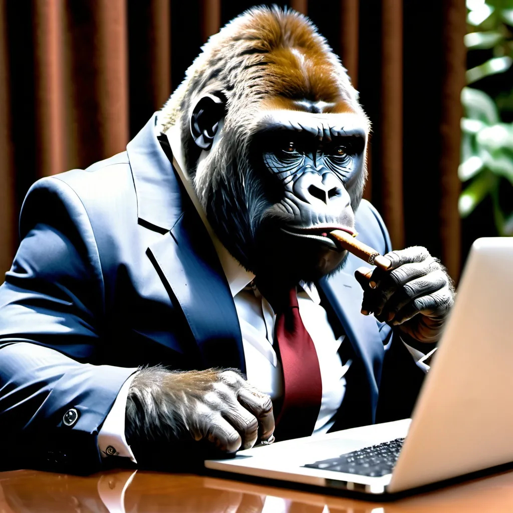 Prompt: A Gorilla in a business suit chewing on a cigar while typing on a laptop