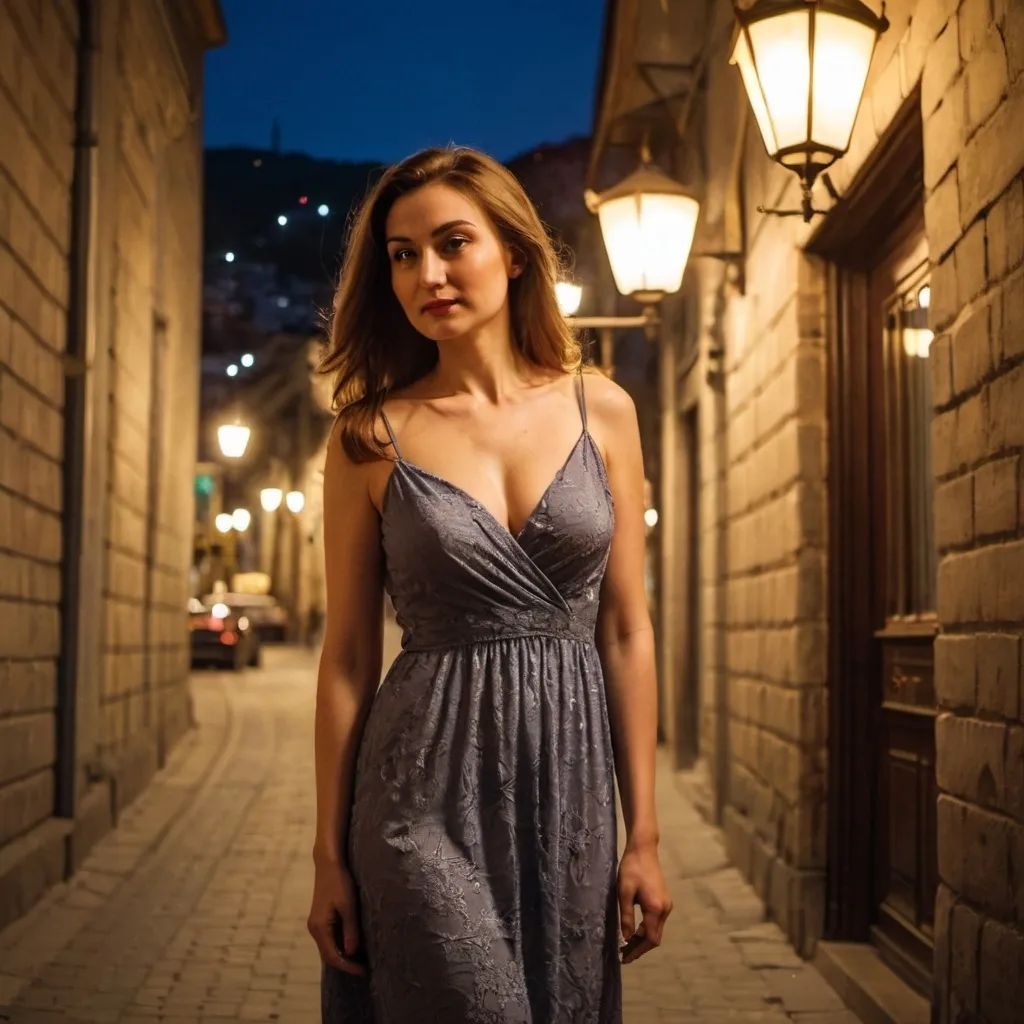 Prompt: Beautiful woman in a dress romantic lamp lit evening streets of Tbilisi Georgia 