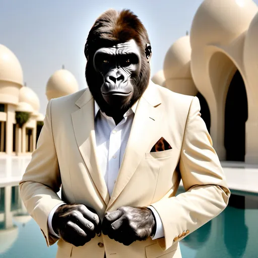 Prompt: Gorilla Economist in a cream colored suit in Abu Dhabi.