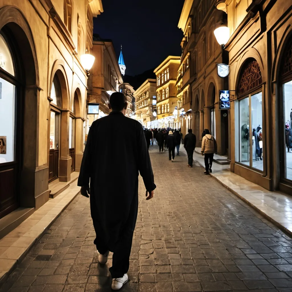 Prompt: Arab tourist walking through downtown Tbilisi, Georgia at night