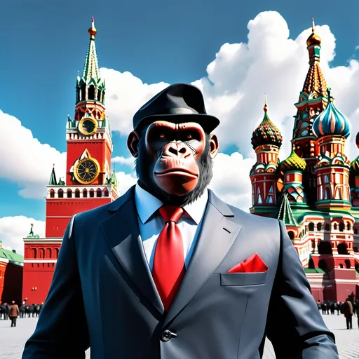 Prompt: (Gorrilla Economist wearing a suit and tie), standing confidently in (Red Square). The scene is vibrant and dynamic, showcasing a lively atmosphere filled with historical significance. Bright colors reflecting the culture and architecture, anchored by a dramatic blue sky. The details of the ushanka hat stand out, and the overall image is highly detailed and visually striking, evoking intrigue and creativity.