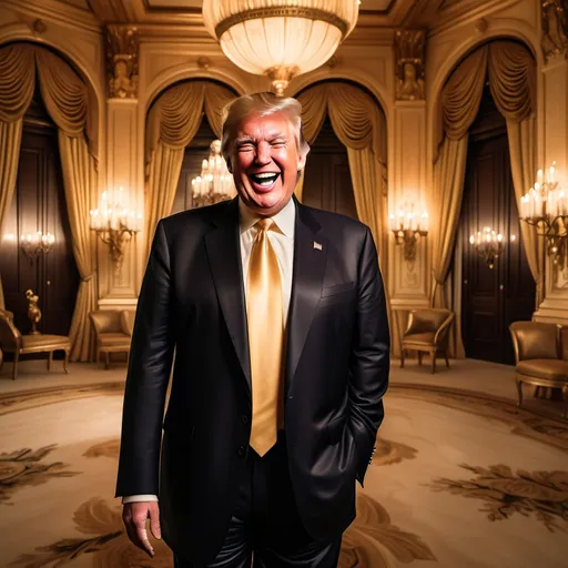 Prompt: Donald Trump laughing while wearing a tailored suit, standing confidently in the opulent Mar-a-Lago interior, vibrant gold accents filling the space, warm nostalgic lighting casting soft shadows, the rich elegance of the location enhancing the dramatic atmosphere, photorealistic, ultra-detailed, high definition, showcasing expression of authority and humor in his pose. <<THE_MARKER>> 