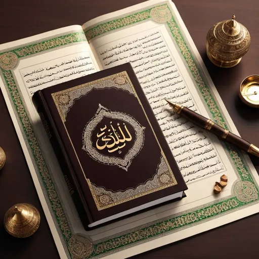 Prompt: Islamic Banking principles illustrated with a Holy Quran on a table