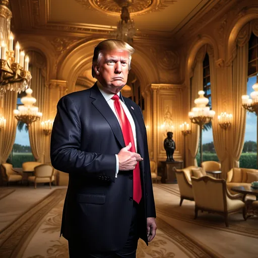 Prompt: Donald Trump holding a memecoin, dressed in a tailored suit, standing confidently in the opulent Mar-a-Lago interior, vibrant gold accents filling the space, warm nostalgic lighting casting soft shadows, the rich elegance of the location enhancing the dramatic atmosphere, photorealistic, ultra-detailed, high definition, showcasing expression of authority and humor in his pose. <<THE_MARKER>> 