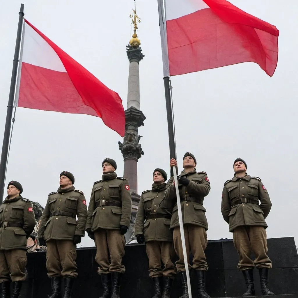 Prompt: Polish Army soldiers raising a Polish national flag over the Maidan Nezalezhnosti in Kyiv.