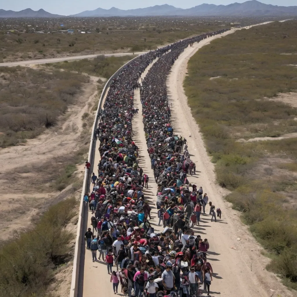 Prompt: Weaponized Illegal Migration Venezuelan migrants crossing the US Mexico Border by the hundreds