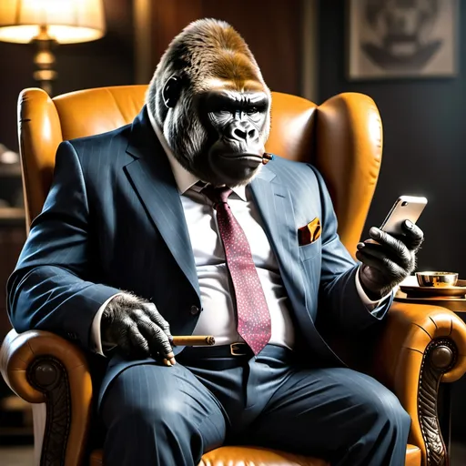 Prompt: A gorilla in a suit checking his Telegram messages on an iPhone while sitting in a lounge chair with a cigar.