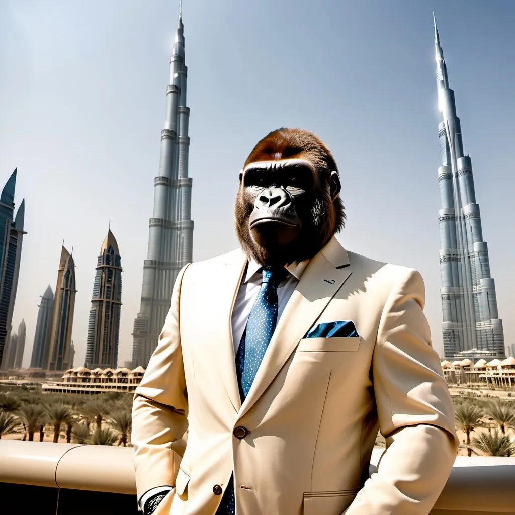 Prompt: Gorilla Economist in a cream colored suit in front of the Burj in Dubai